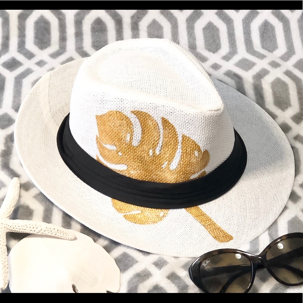 Monstera Gold Tropical Leaf White Panama Hat